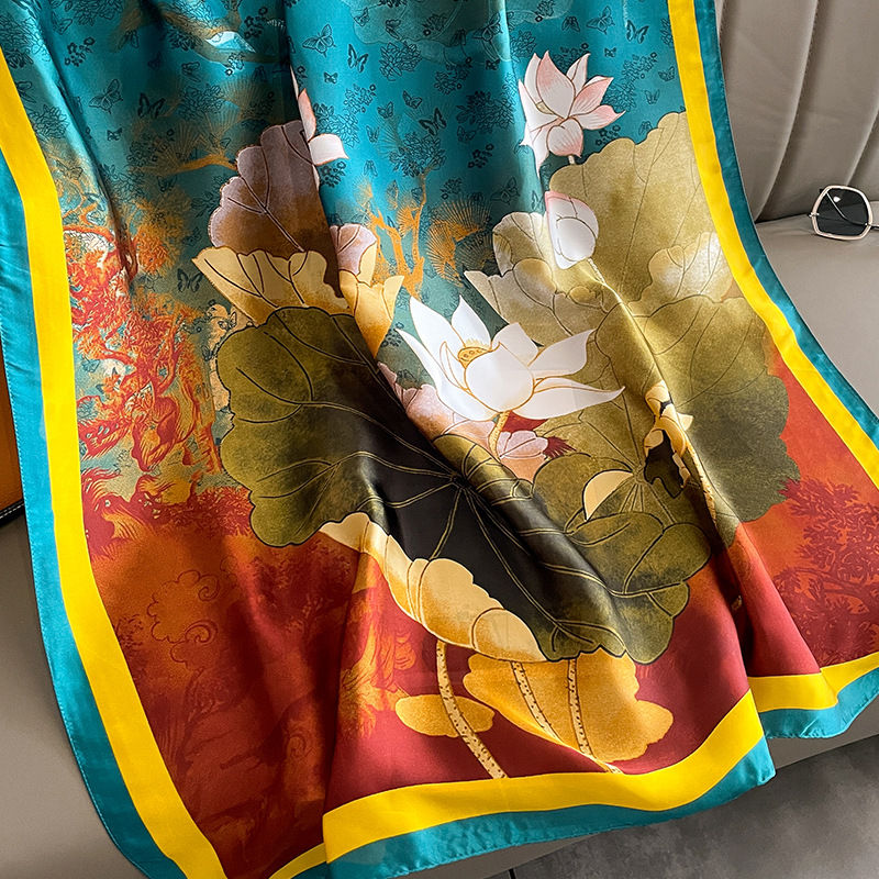 Thumbnail: Vibrant silk scarf with lotus flower and leaf design