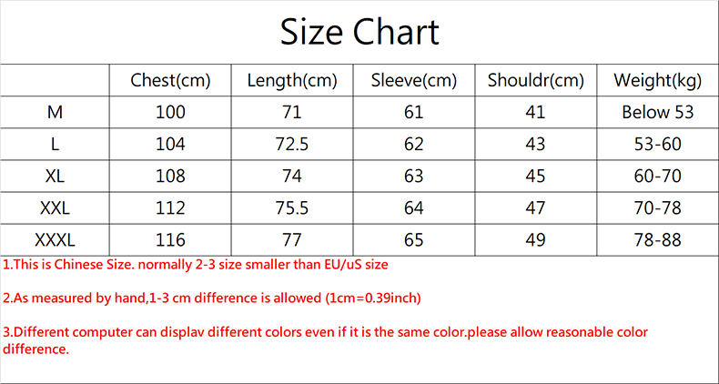 Thumbnail: Garment size chart with length, sleeve, and shoulder measurements