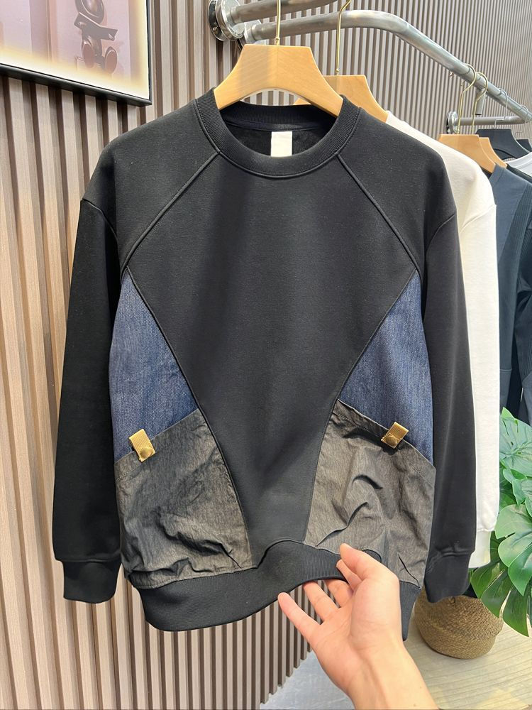 Thumbnail: Black sweatshirt with denim and textured fabric panels