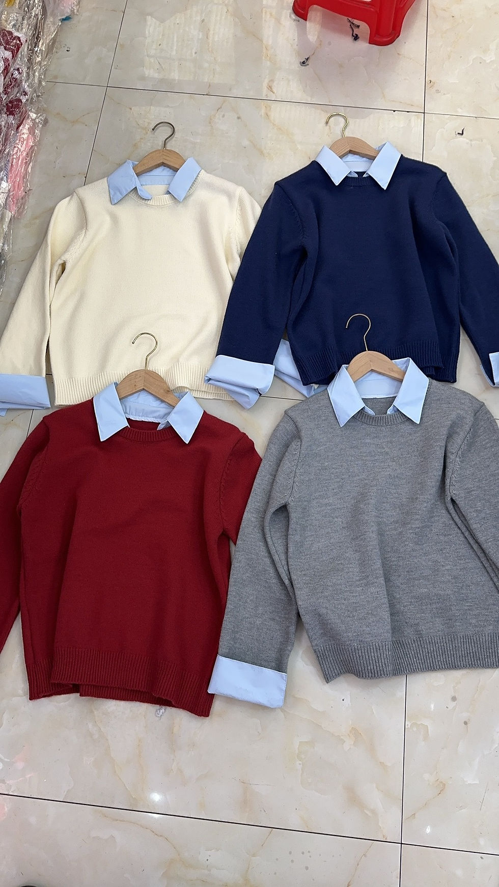 Thumbnail: Four Fake Two Shirts Collar Sweaters: cream, navy, burgundy, grey