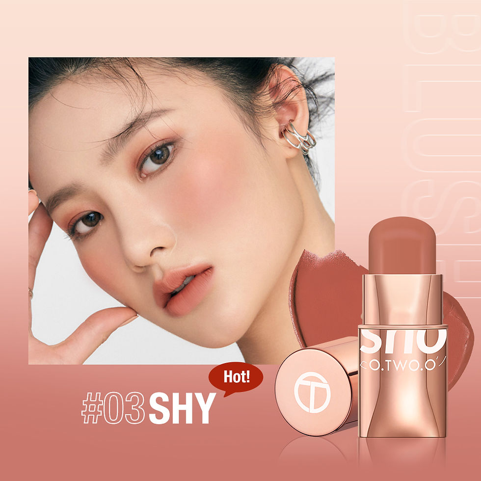 Thumbnail: Woman wearing O.TWO.O blush, with product stick #03 SHY