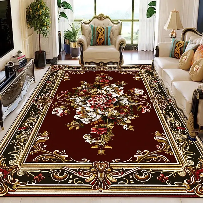 Luxurious dark red floral rug in elegant living room