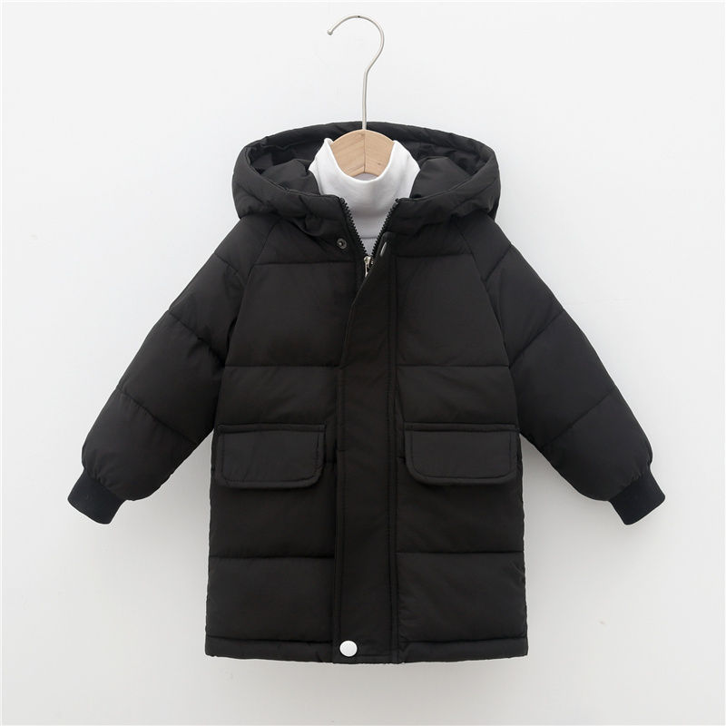 Thumbnail: Kids black hooded puffer jacket with front pockets