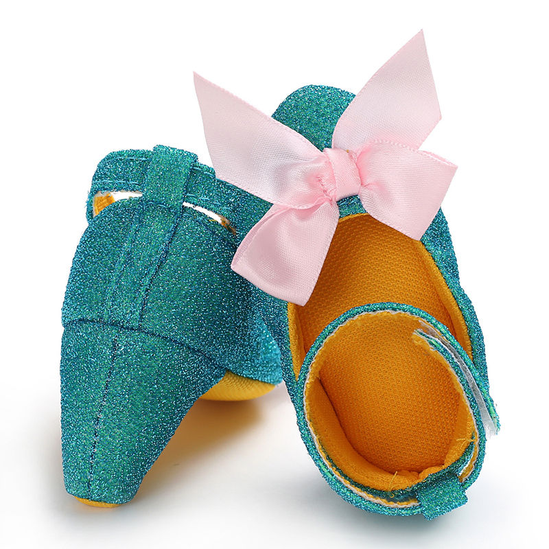 Thumbnail: Teal sparkly baby shoes with pink bow
