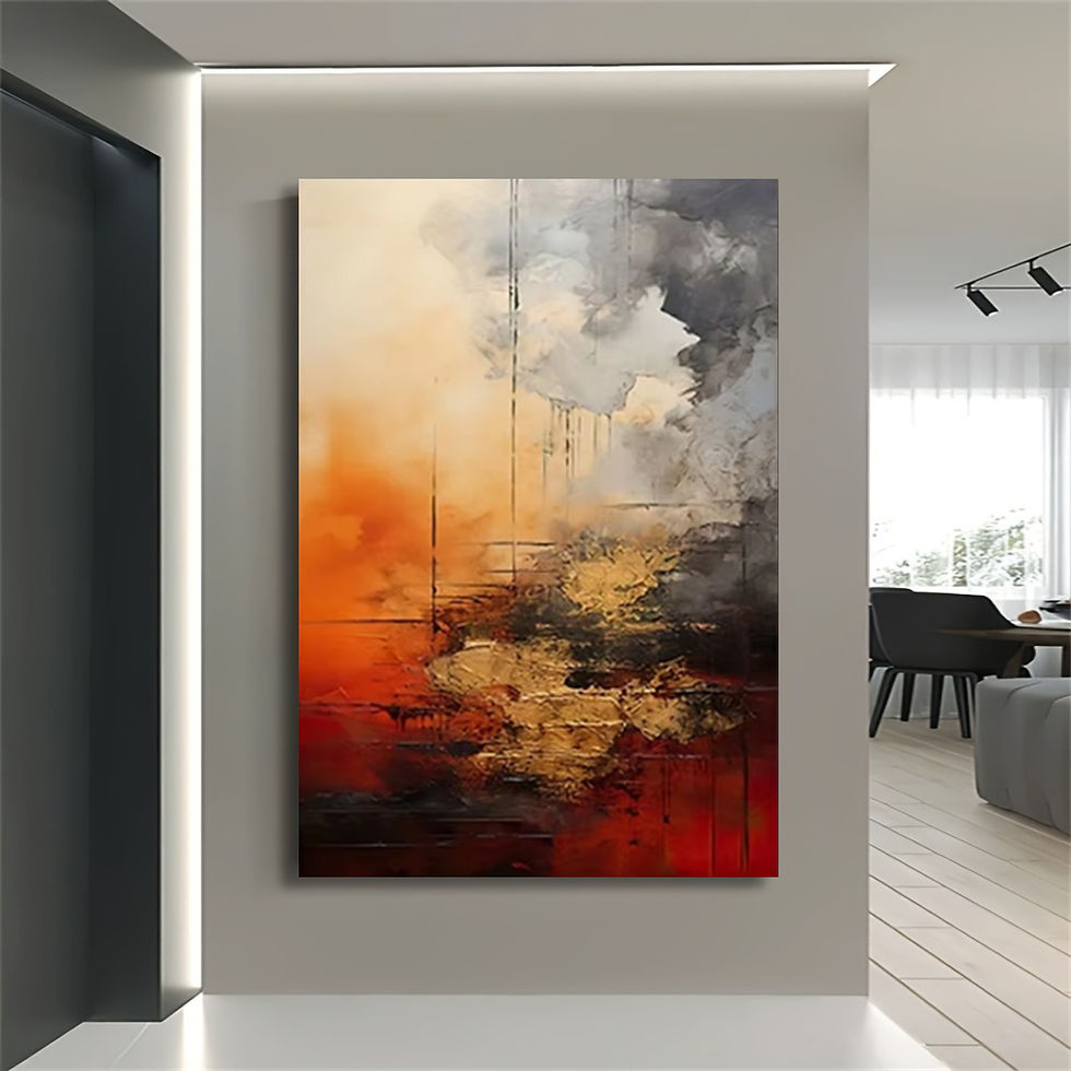 Abstract painting in red, orange, and grey tones