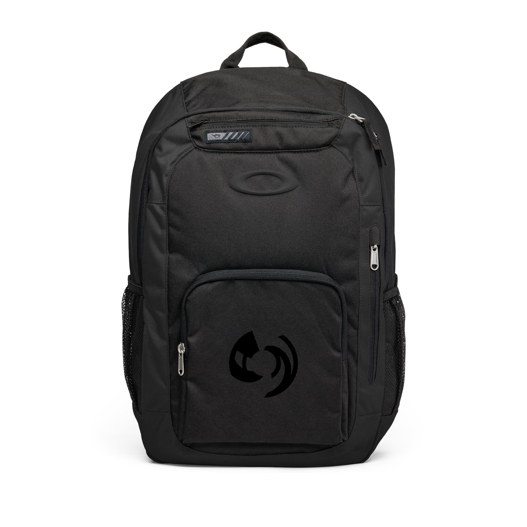 Black backpack with abstract logo on front pocket