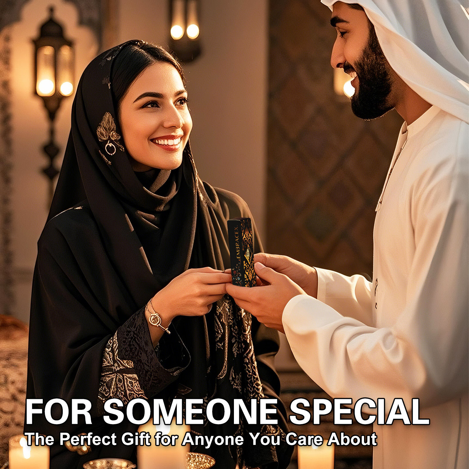 Man gives gift to smiling woman. Text: FOR SOMEONE SPECIAL
