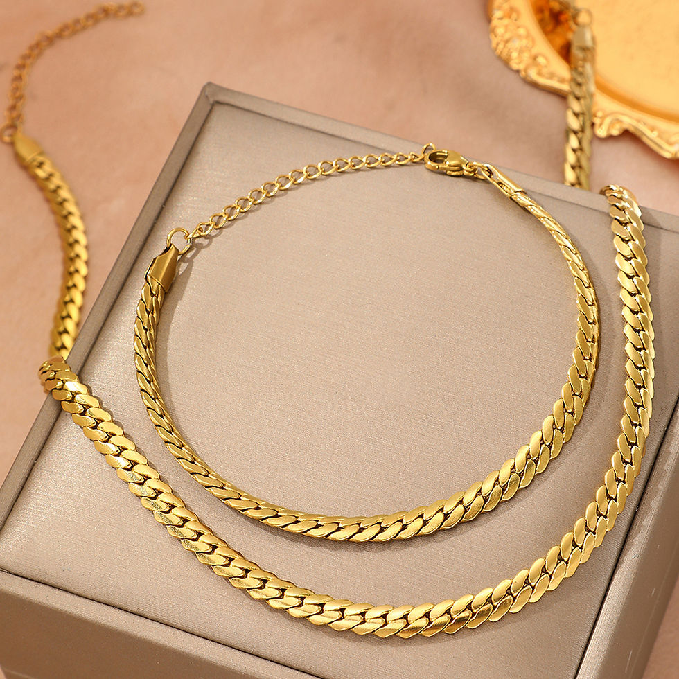 Thumbnail: Gold flat chain necklace and bracelet set