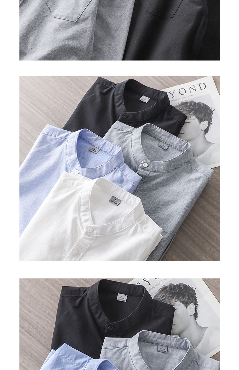 Thumbnail: Stacked band-collar shirts in black, blue, gray, white