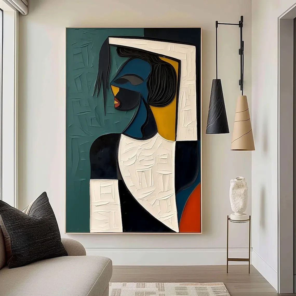 Abstract woman portrait art in a modern living room
