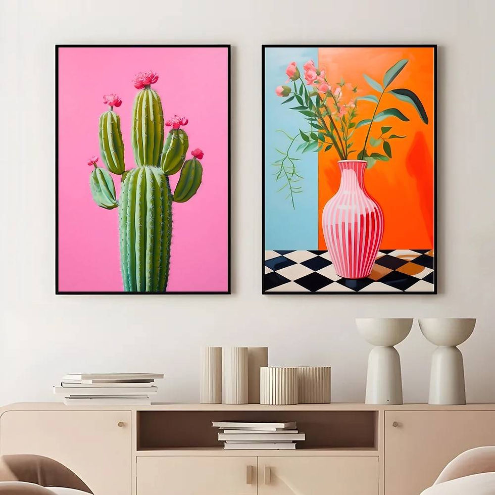 Thumbnail: Two framed artworks: a cactus with pink blossoms on a pink background, and a vase with flowers on a checkered table.