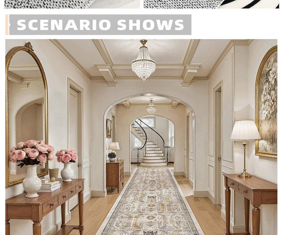 Thumbnail: Elegant hallway with patterned runner rug and chandelier