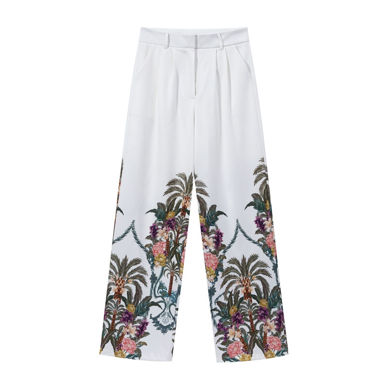 Thumbnail: White wide-leg pants with tropical floral print.