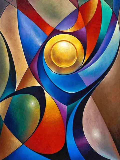 Thumbnail: Colorful abstract art with gold circle and geometric shapes