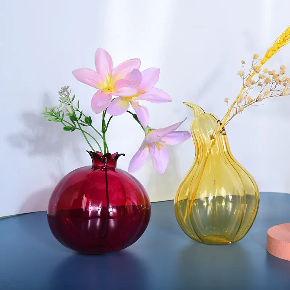 Thumbnail: Red vase with pink flowers, yellow vase with dried flowers