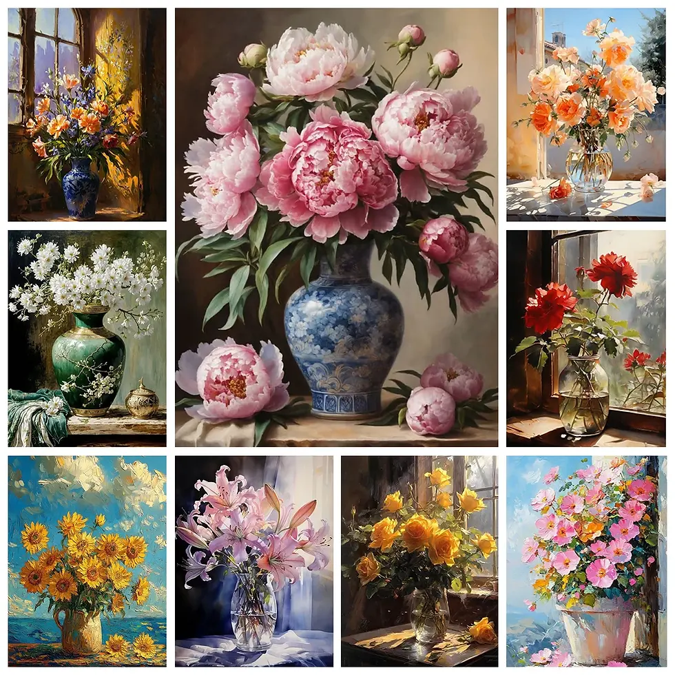 Collage of colorful floral paintings in vases