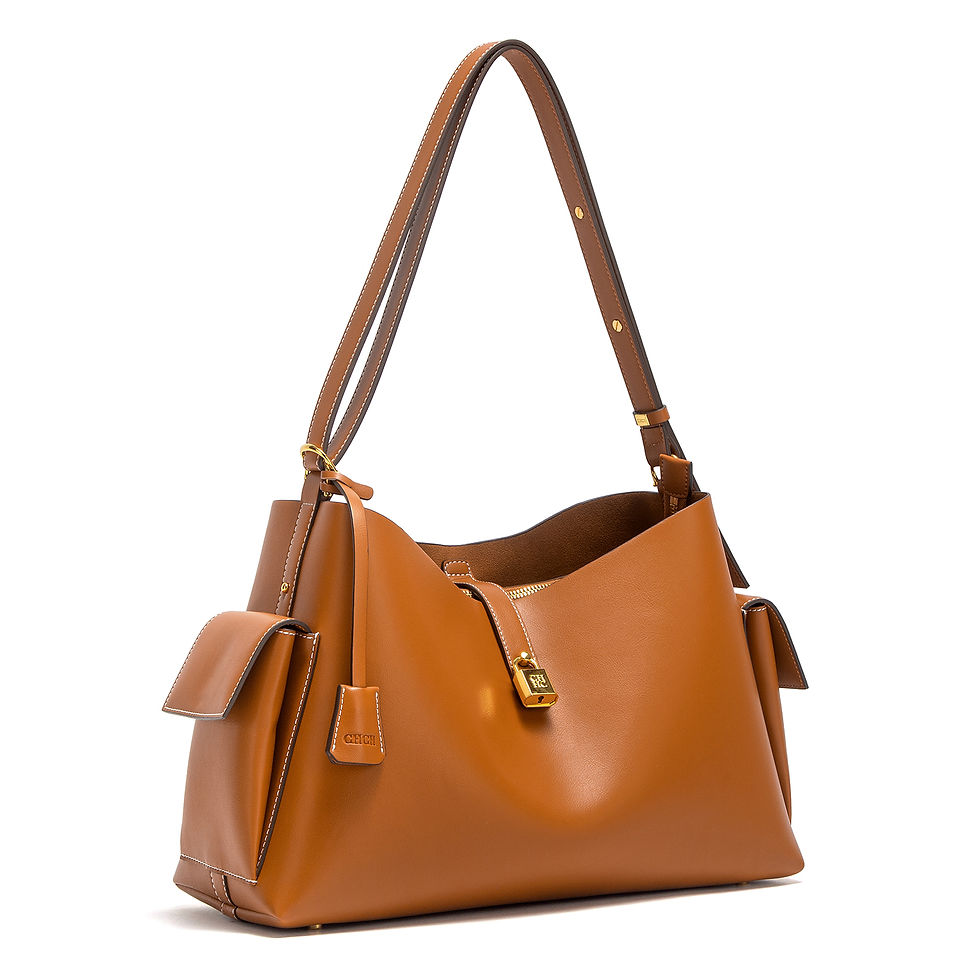 Brown leather shoulder bag with side flap pockets