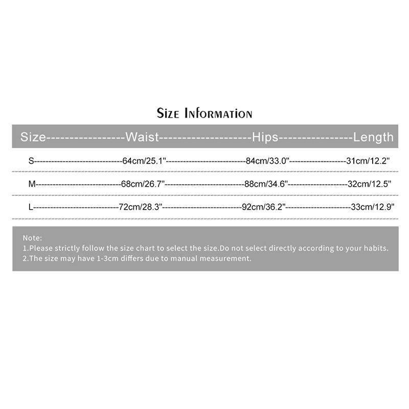 Thumbnail: Size information table with waist, hips, and length for S, M, L. Note on measurements.