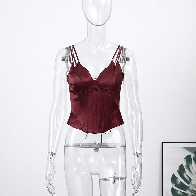 Thumbnail: Maroon satin camisole top on mannequin