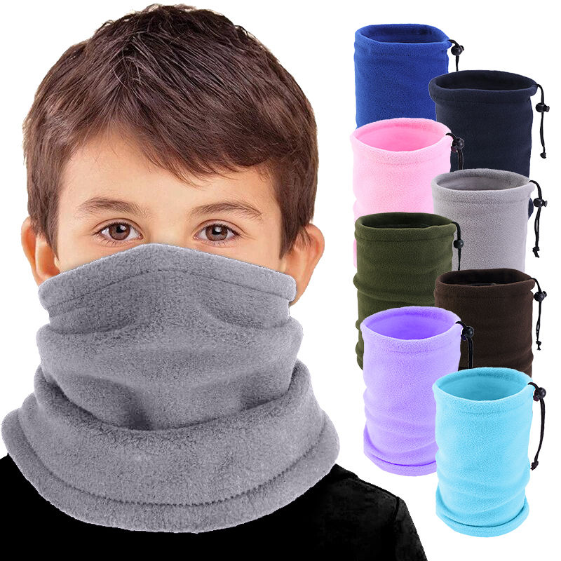 Boy in gray fleece neck warmer, colorful options