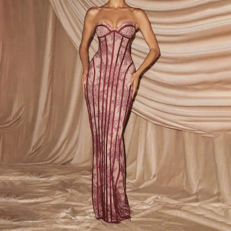 Thumbnail: Women Strapless Tulle Fishbone Dress Backless Off Shoulder Printed Patchwork Sli