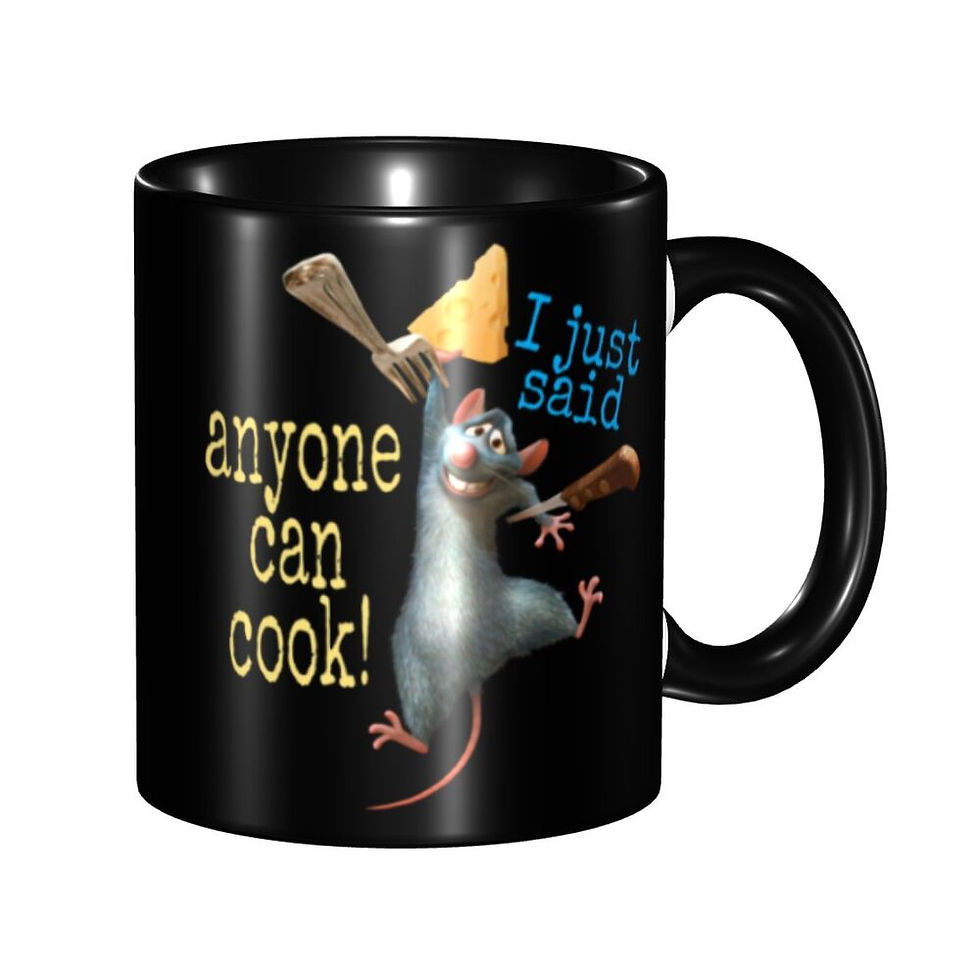 Thumbnail: Black mug with Remy from Ratatouille, text 'Anyone can cook!'