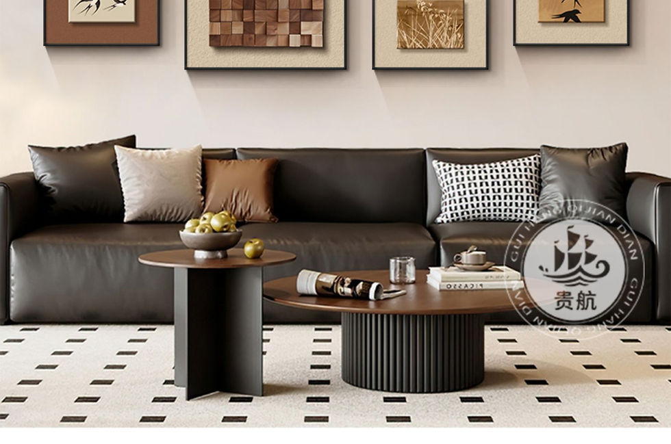 Thumbnail: Modern living room with dark sofa and two stylish coffee tables