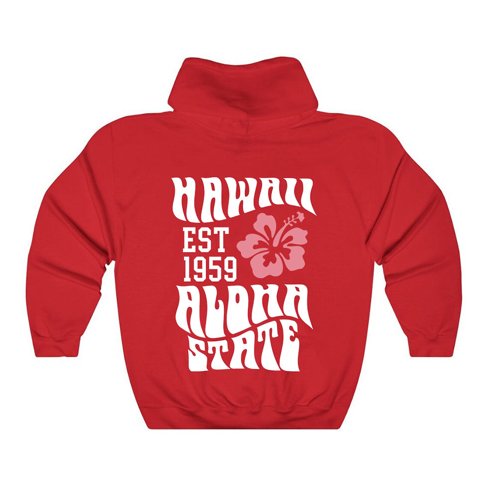Thumbnail: Red hoodie 'Hawaii Est 1959 Aloha State' and hibiscus