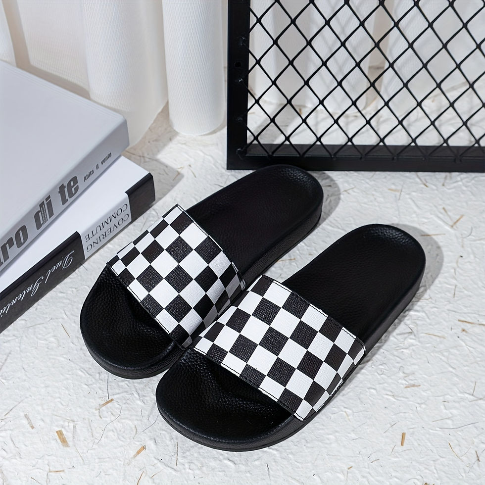 Thumbnail: Black and white checkered slide sandals