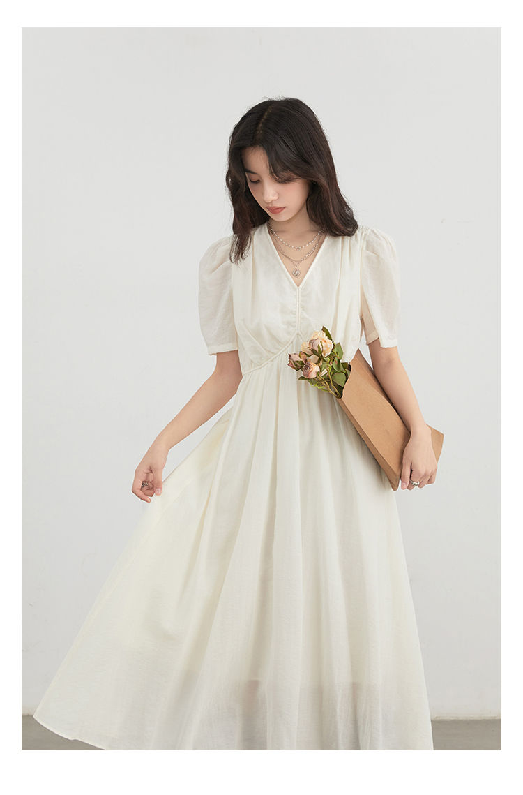 Thumbnail: CHIC VEN Korean Women Dresses Solid Loose Casual New V-neck A Line Short Bubble 