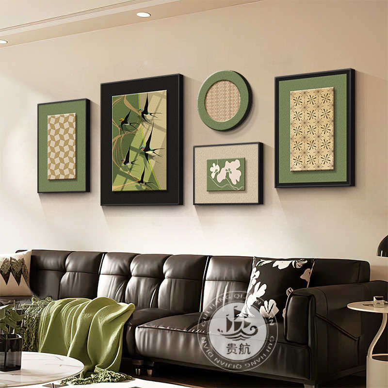 Thumbnail: Mid-century abstract art display over a brown sofa