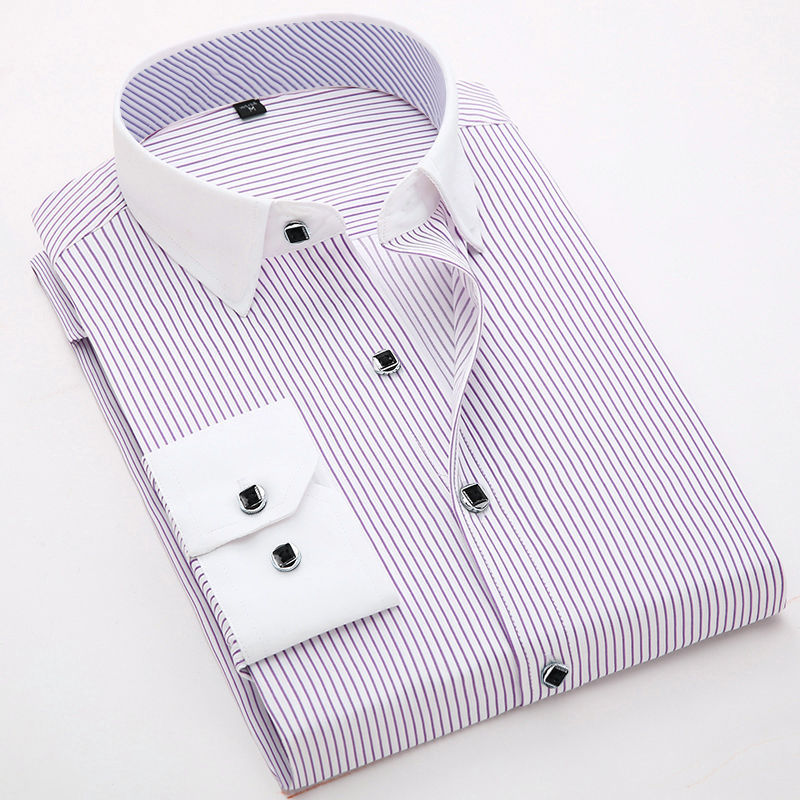 Thumbnail: Light purple striped dress shirt with white collar and cuffs