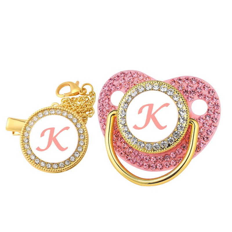 Thumbnail: Luxury Zircon Baby Pacifier Clip Pink Letter Newborn Personalized Pacifiers Hold