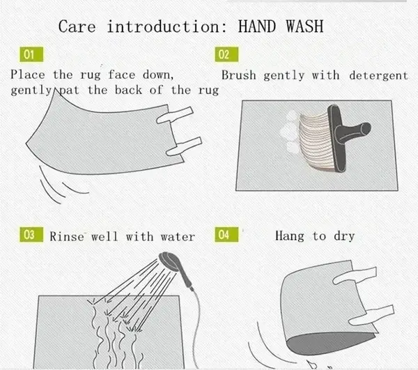 Thumbnail: Hand wash rug care guide: pat back, brush, rinse, hang to dry