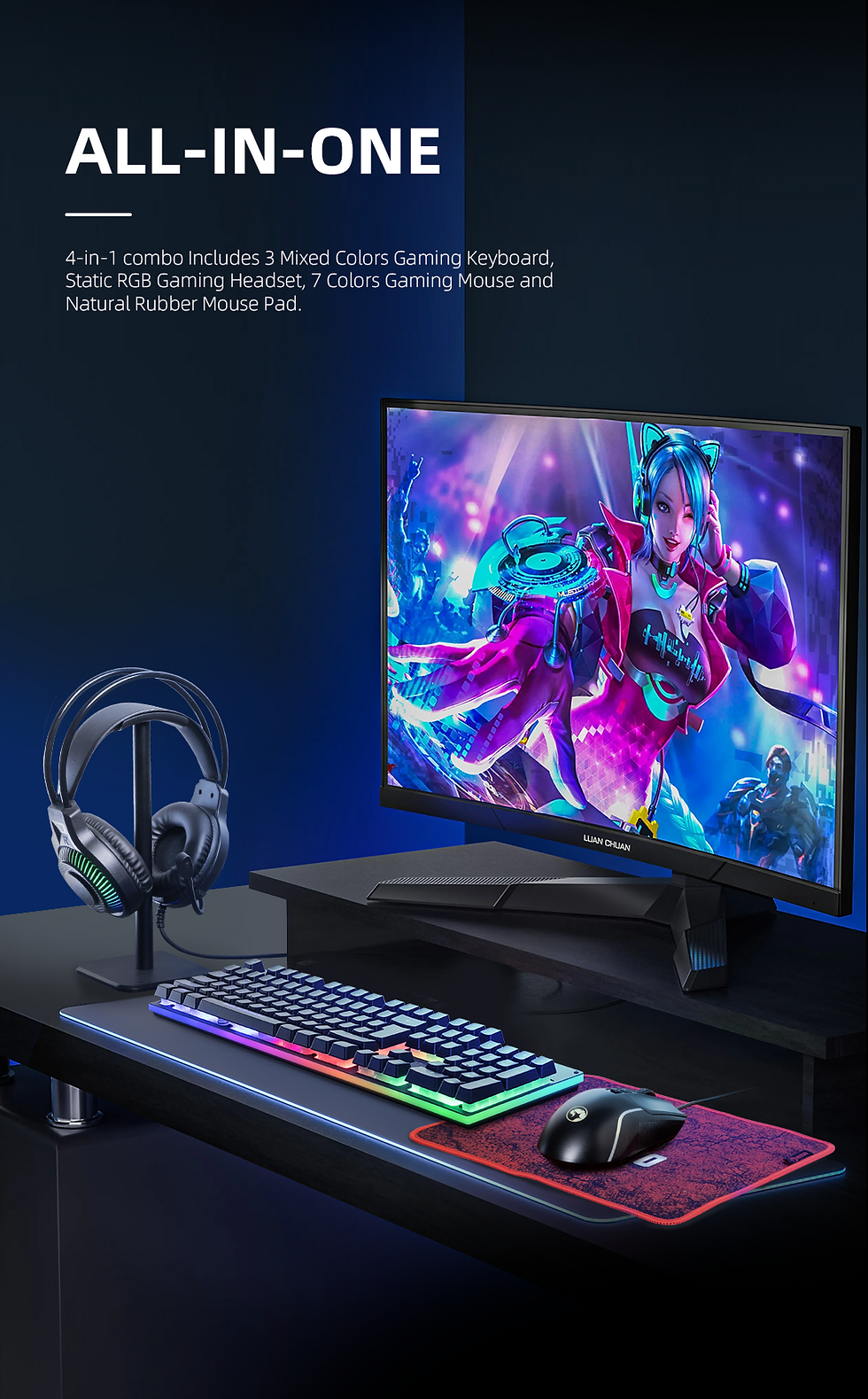 Thumbnail: RGB gaming keyboard, headphones, and monitor with game