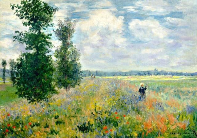 Thumbnail: Painting of a poppy field with trees and figures