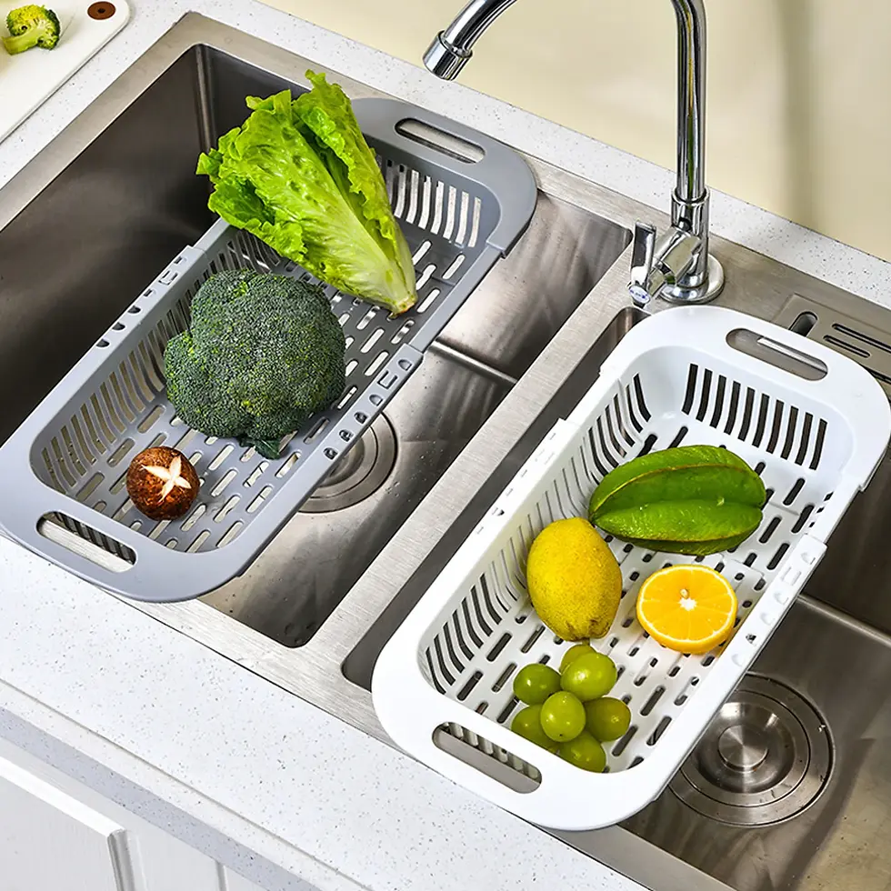 Thumbnail: Two sink strainers with vegetables and fruit in a kitchen sink