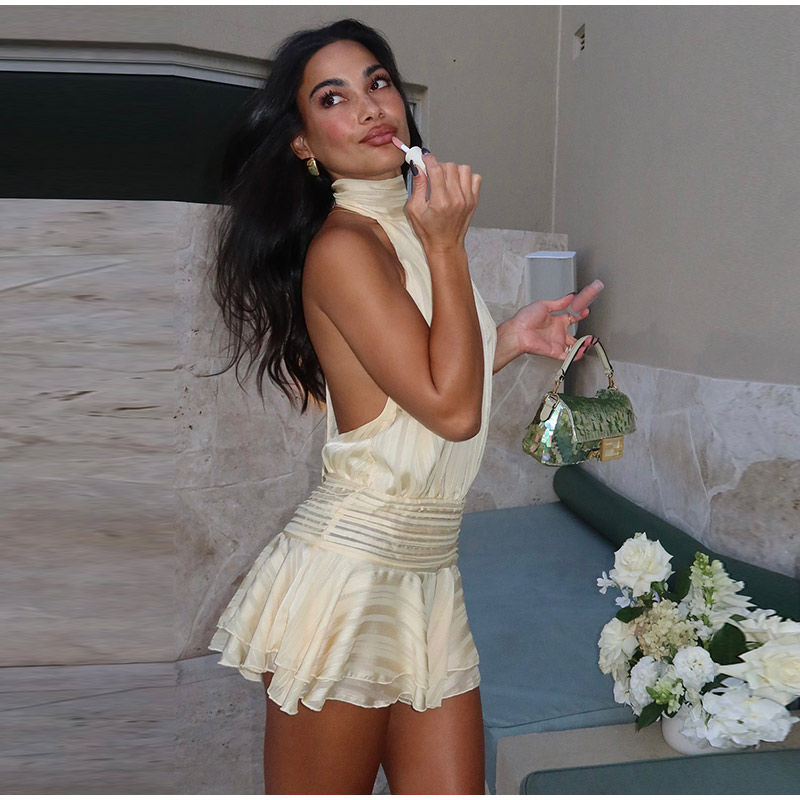 Thumbnail: Sexy Mesh Backless Mini Dress Women Pleat Sleeveless O Neck Lace Up Party Ruffle