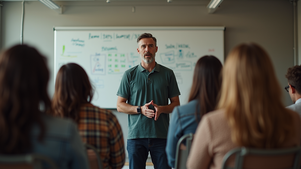 Eye-level view of a person speaking to a small group in a casual setting