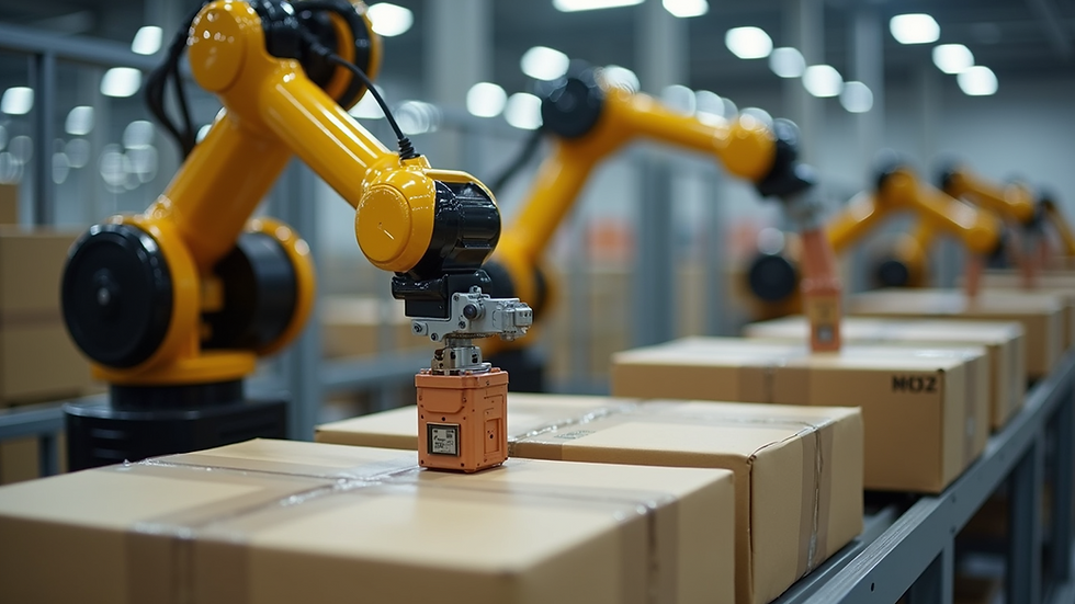 Close-up view of robotic arms sorting packages in a fulfillment center
