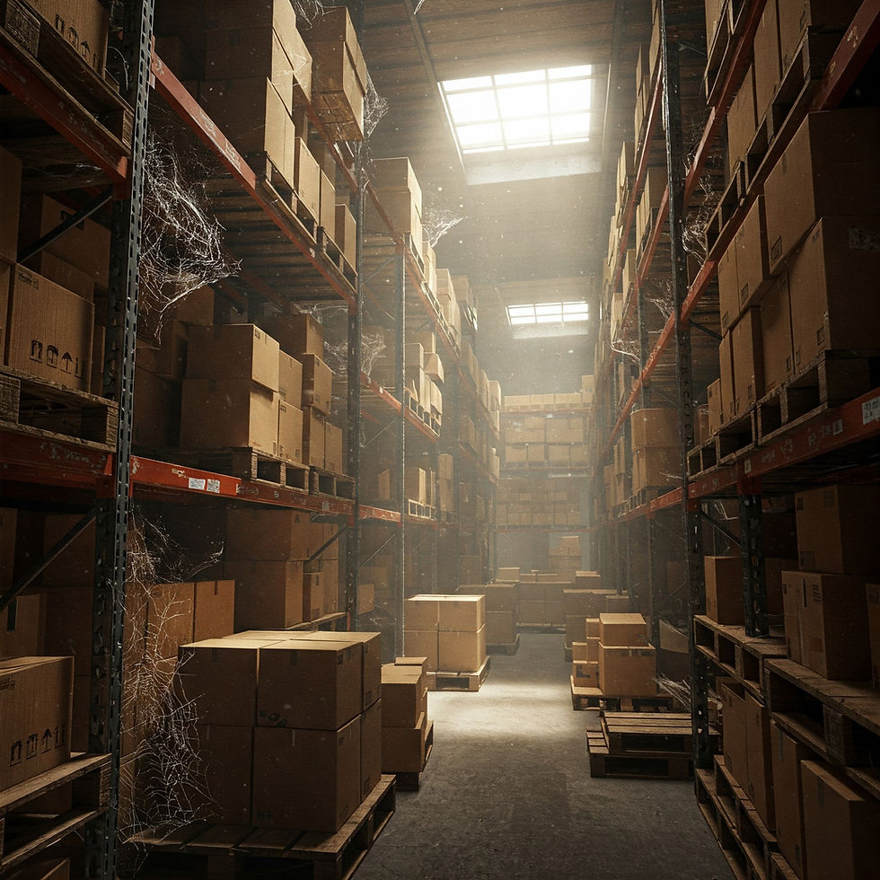 Dusty warehouse filled with stacked cardboard boxes on shelves, lit by a skylight. Cobwebs and a hazy atmosphere suggest disuse.