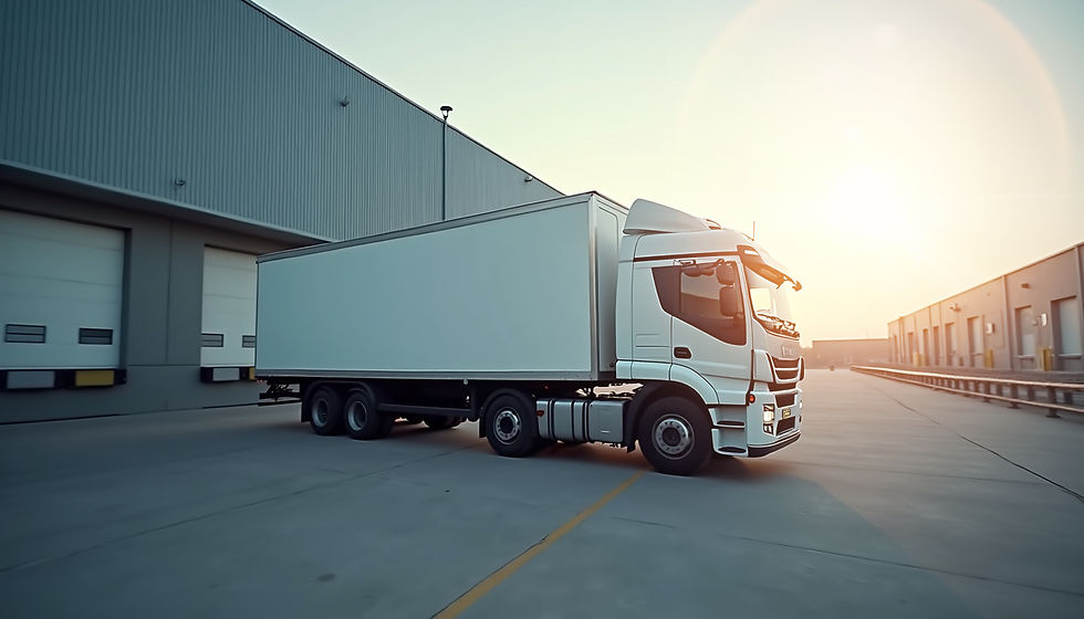 Wide angle view of a delivery truck parked in front of a warehouse
