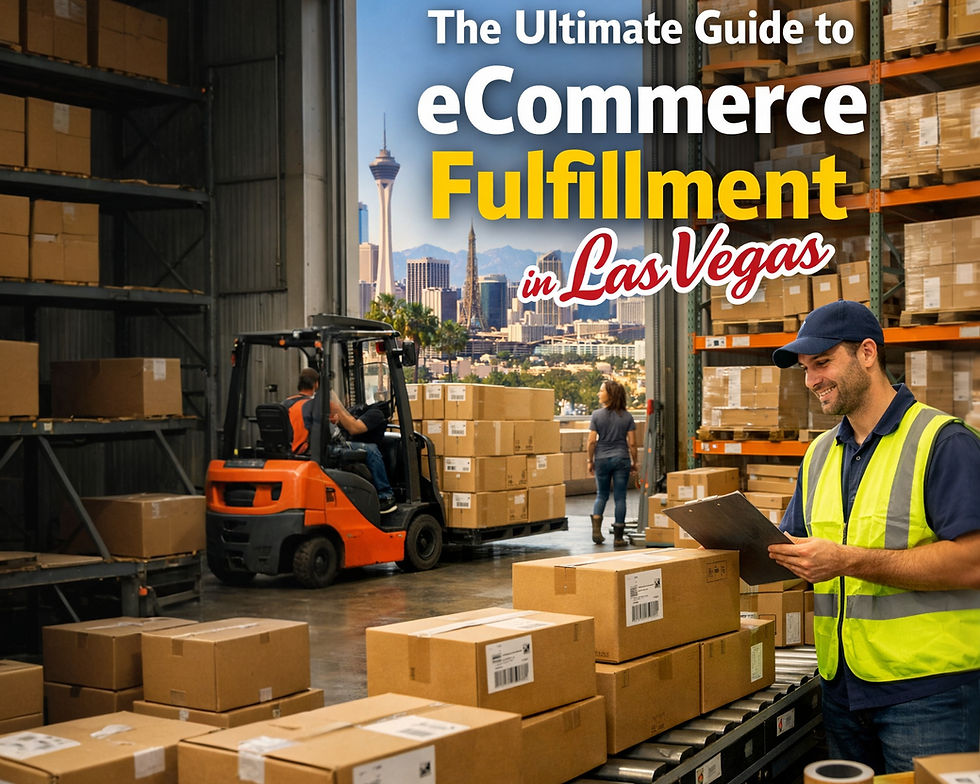 Warehouse scene with a worker in a yellow vest holding a clipboard, surrounded by boxes. Background shows Las Vegas skyline and text about ecommerce fulfillment.