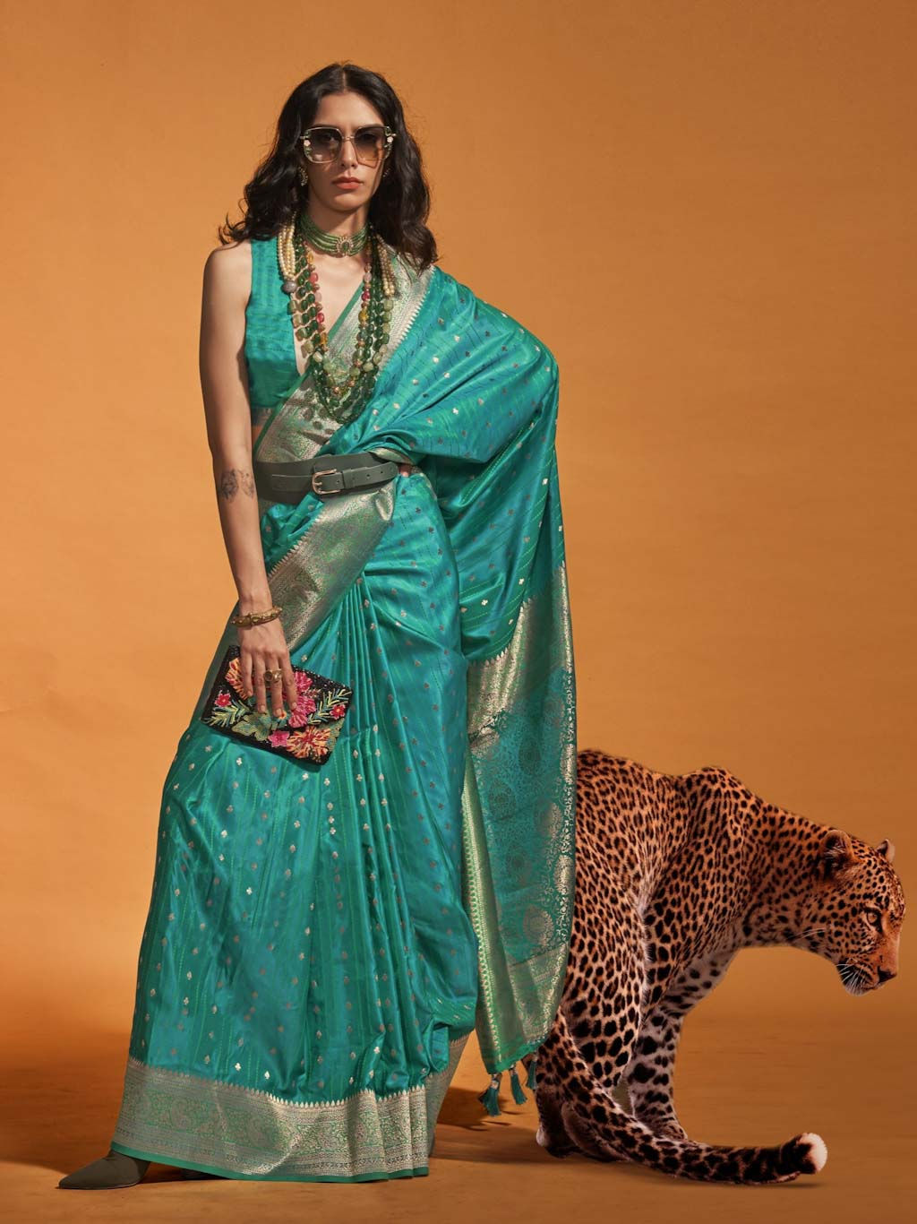Peacock Green Woven Satin Silk Saree