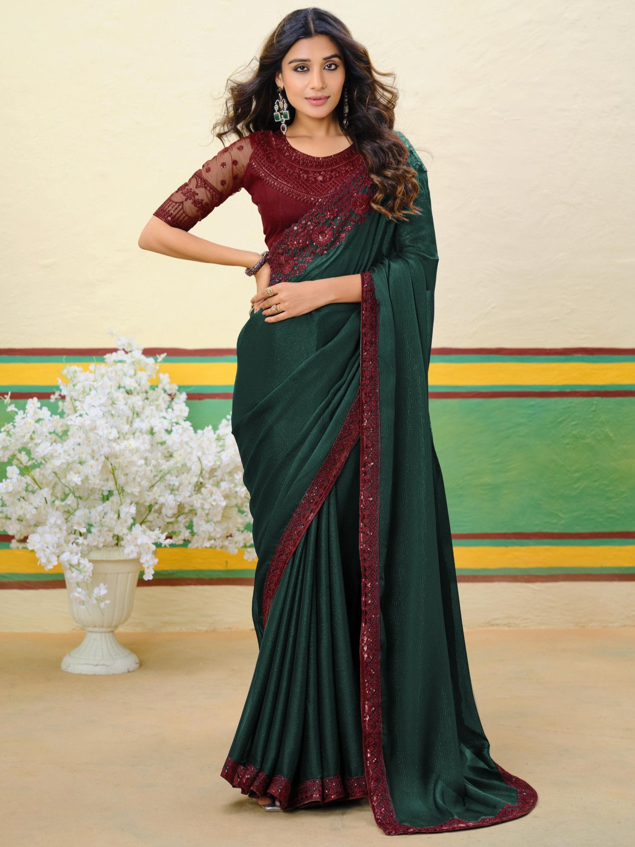 Maroon Shade Shimmer Silk Designer Saree
