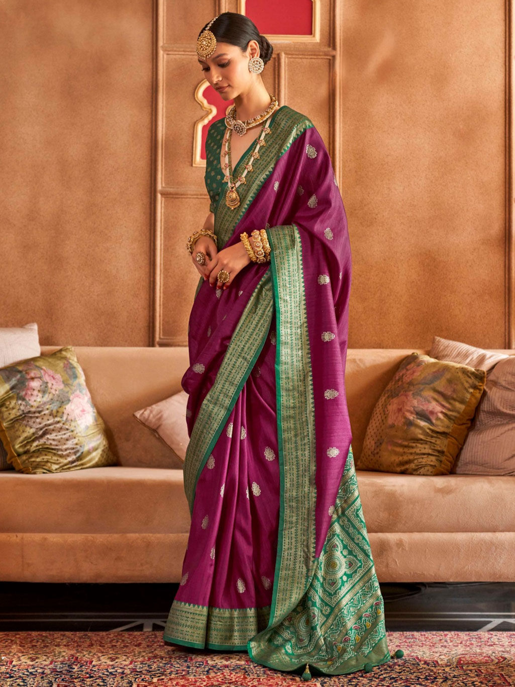 Dark Magenta And Green Light Weight Printed Saree
