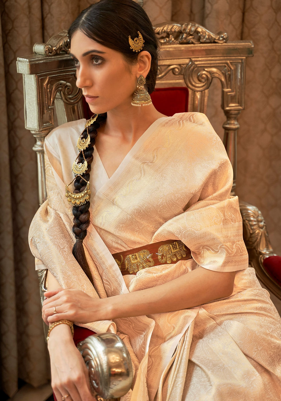 Thumbnail: Ivory White And Golden Zari Woven Kanjivaram Saree