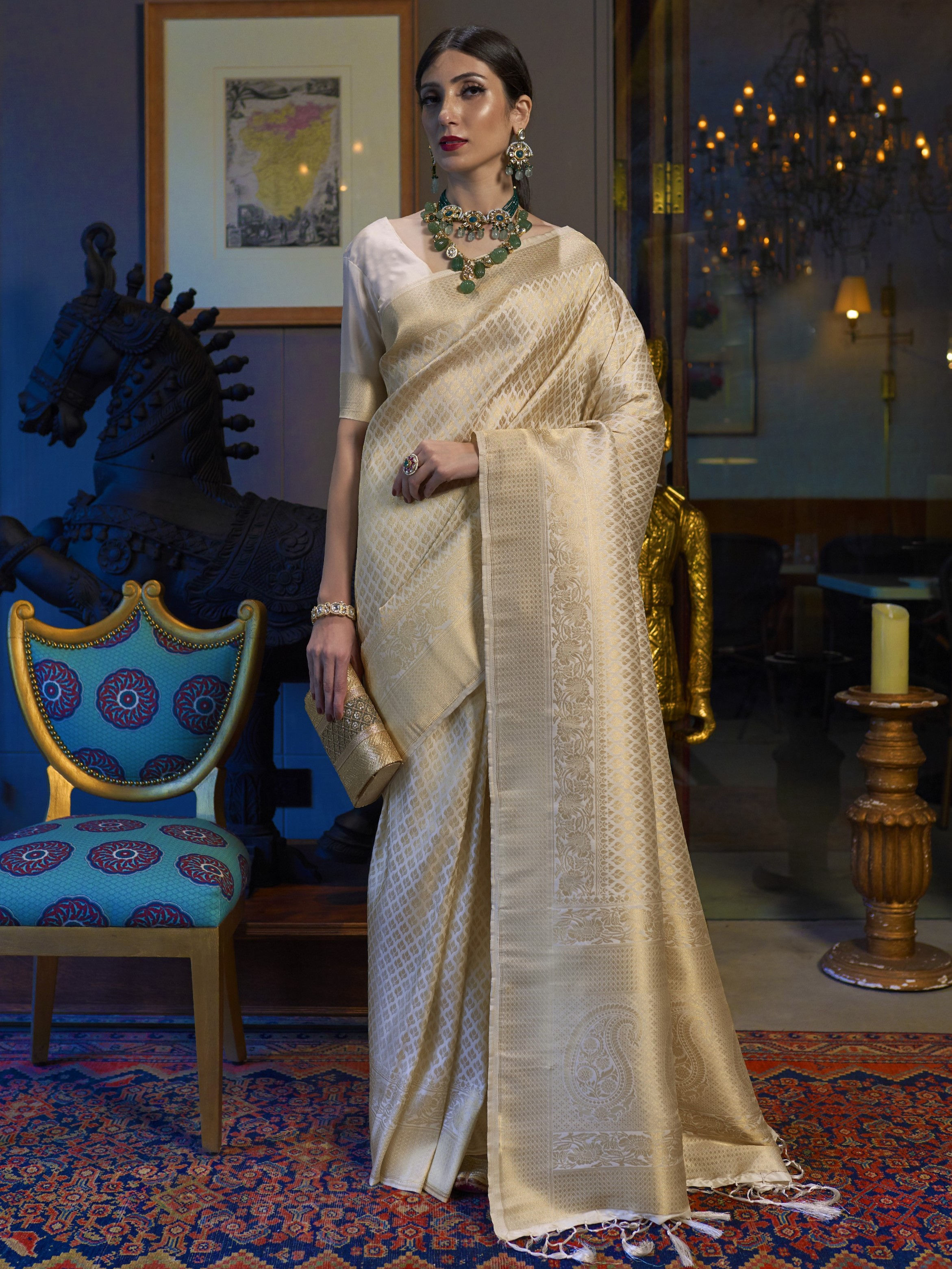 Off White Woven Kanjivaram Silk Saree Online For Wedding