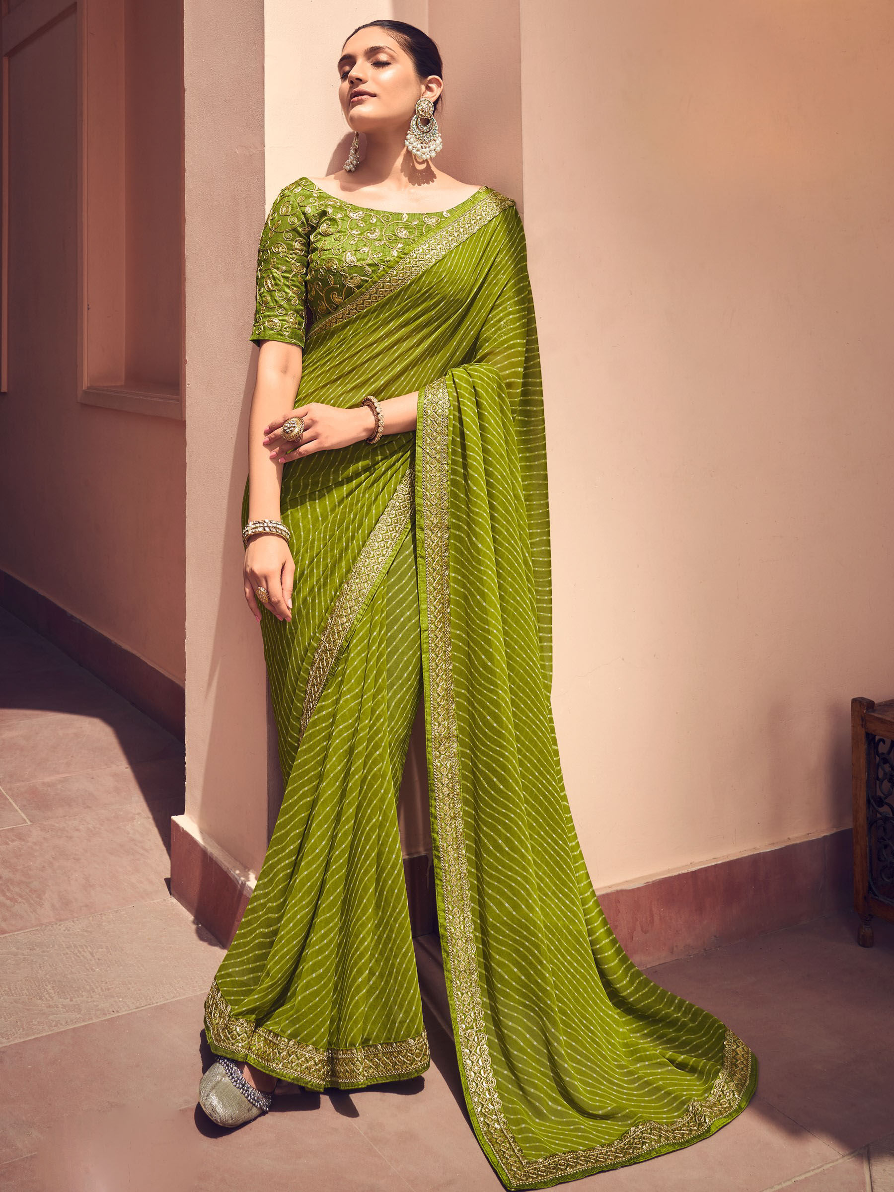 Mehendi Green Leheriya Print Georgette Saree With Embroidered Blouse