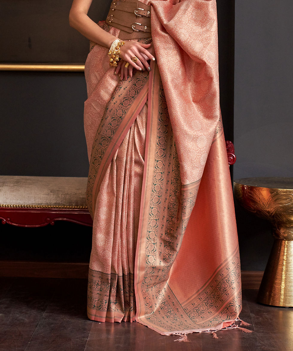 Thumbnail: Peach And Brown Chaap Handloom Silk Saree For Wedding Online